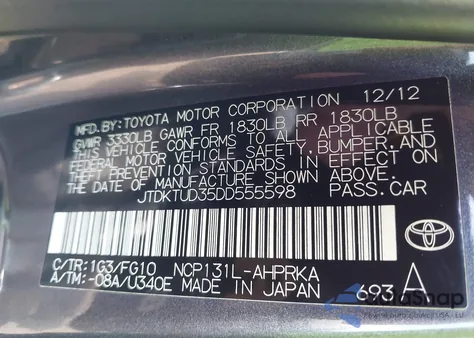 2013 Toyota Yaris Le from USA, damaged, VIN JTDKTUD35DD555598